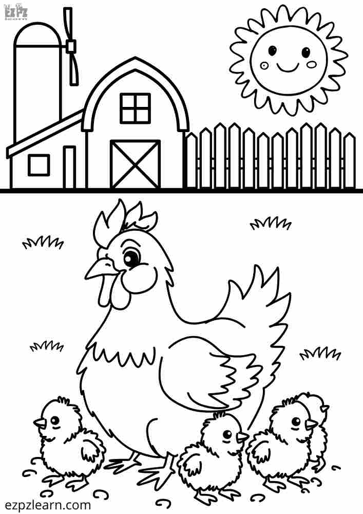 Hen and Chicks on the Farm Interactive Coloring Page. Color Online then Download